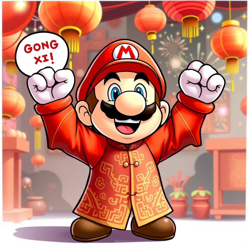 A cartoon-style depiction of Mario from the Mario Bros franchise celebrating Chinese New Year