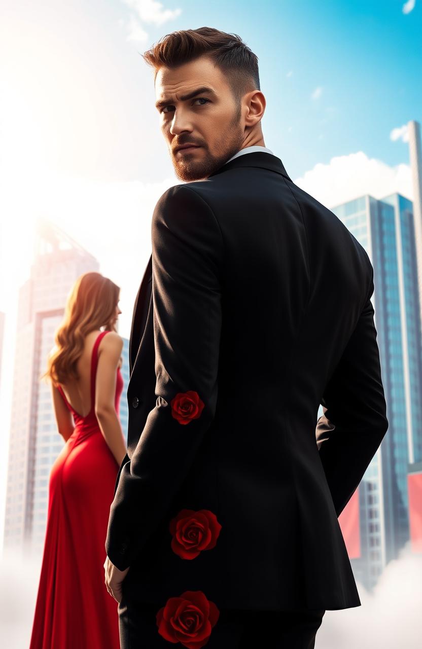 A handsome man with short hair dressed in a black suit, sporting a thin beard and a cold gaze, standing confidently