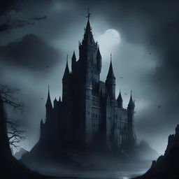 A foreboding and ominous castle, shrouded in mystery and veiled by the darkness of the night.