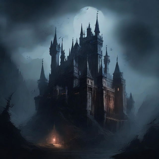 A foreboding and ominous castle, shrouded in mystery and veiled by the darkness of the night.