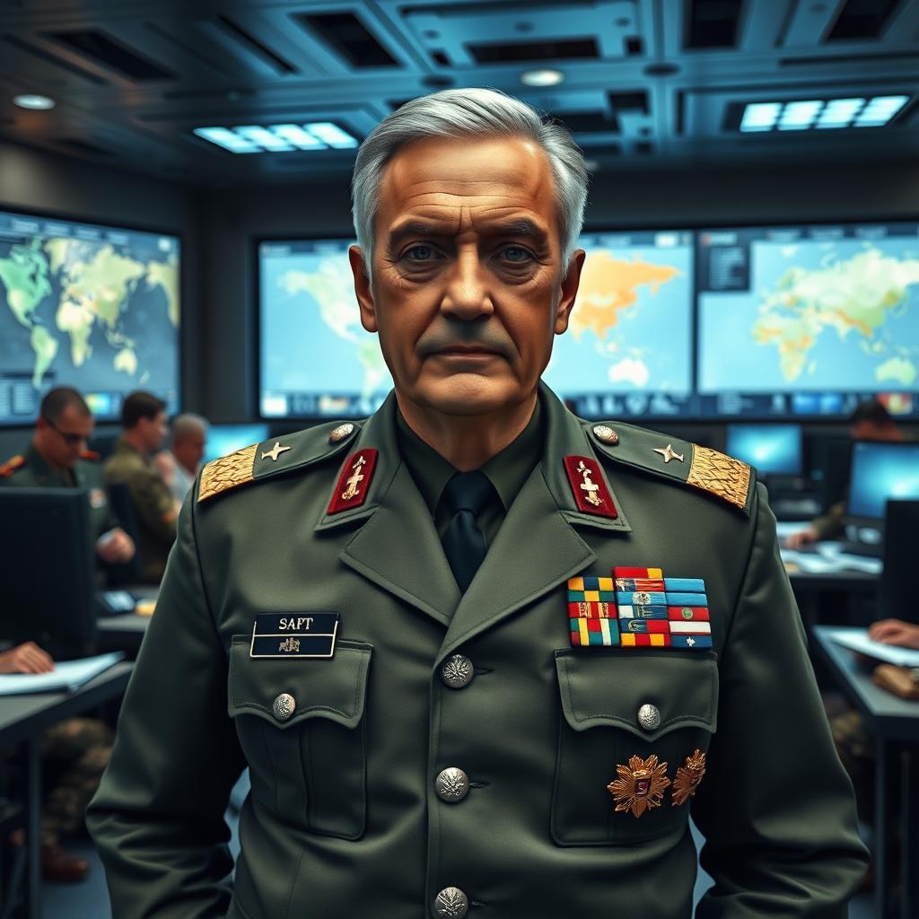 A powerful and authoritative army general standing confidently in a military command centre, wearing a well-decorated uniform adorned with medals and insignia