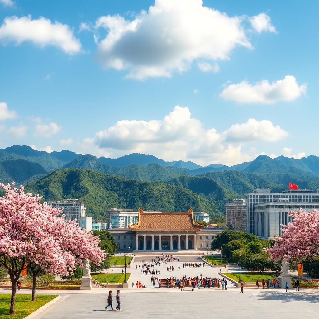 A serene landscape of North Korea, showcasing the iconic mountains and lush greenery surrounding the capital city of Pyongyang