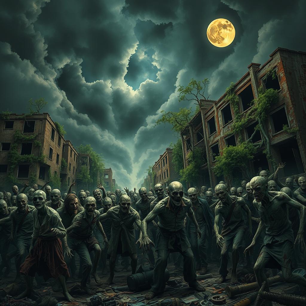 A dramatic scene depicting a horde of zombies in an abandoned city