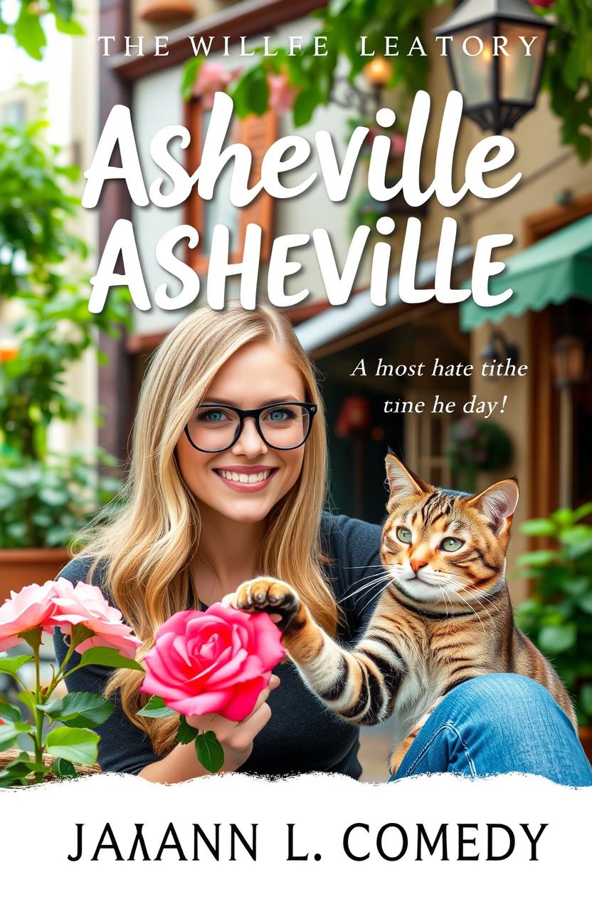 Beautiful book cover design featuring a young blonde woman with bright blue eyes and stylish glasses, smiling warmly