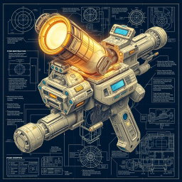 A detailed, realistic blueprint of a fictional mass destruction weapon, showcasing intricate mechanical and technological components