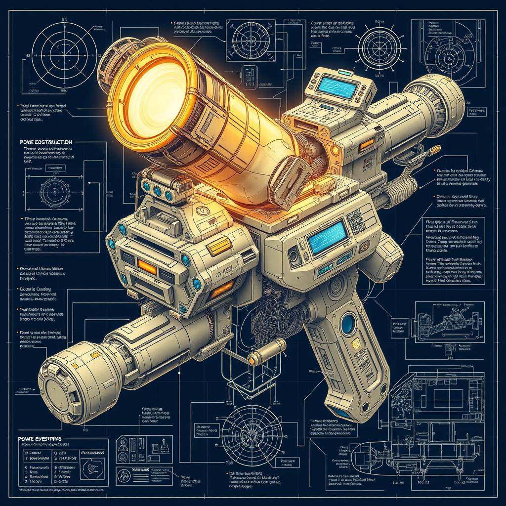 A detailed, realistic blueprint of a fictional mass destruction weapon, showcasing intricate mechanical and technological components