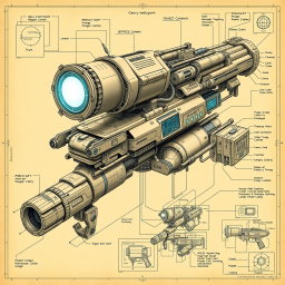A detailed, realistic blueprint of a fictional mass destruction weapon, showcasing intricate mechanical and technological components