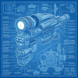 A detailed, realistic blueprint of a fictional mass destruction weapon, showcasing intricate mechanical and technological components