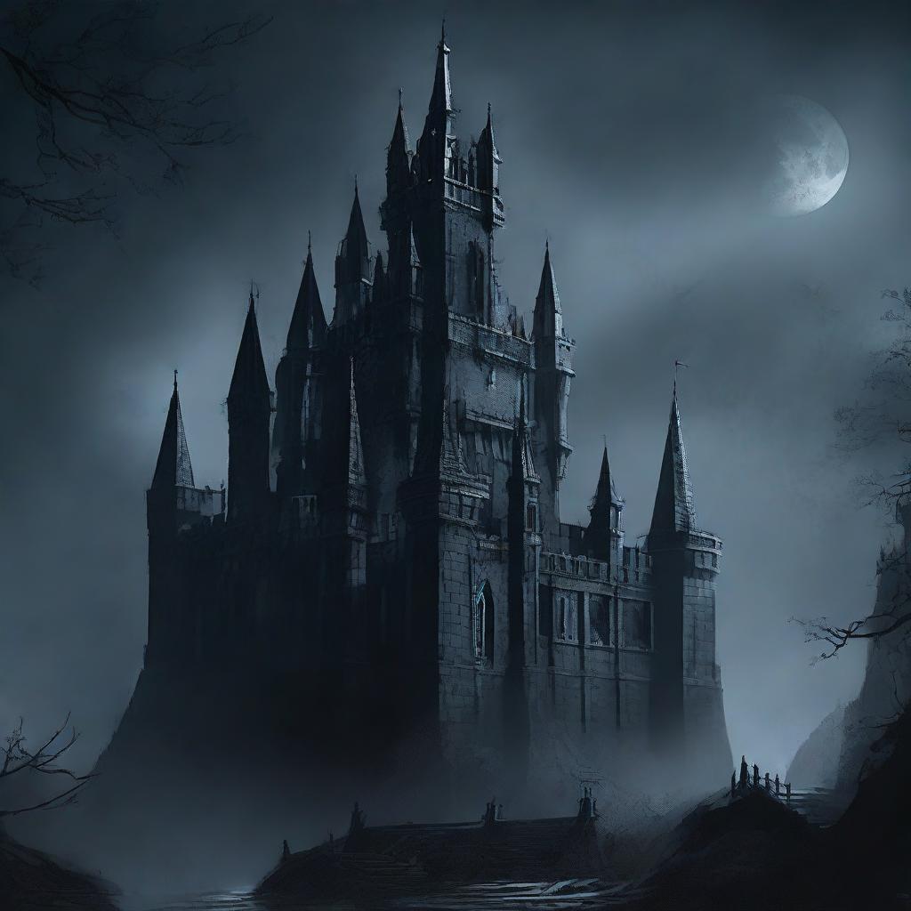 A foreboding and ominous castle, shrouded in mystery and veiled by the darkness of the night.