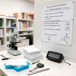 A well-equipped laboratory setting featuring a clean, organized bench with all essential tools and materials needed for the Ivy method of bleeding time measurement