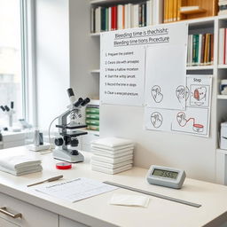 A well-equipped laboratory setting featuring a clean, organized bench with all essential tools and materials needed for the Ivy method of bleeding time measurement