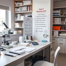 A well-equipped laboratory setting featuring a clean, organized bench with all essential tools and materials needed for the Ivy method of bleeding time measurement