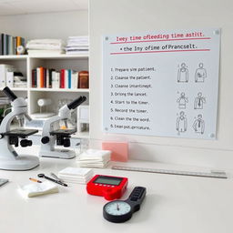 A well-equipped laboratory setting featuring a clean, organized bench with all essential tools and materials needed for the Ivy method of bleeding time measurement