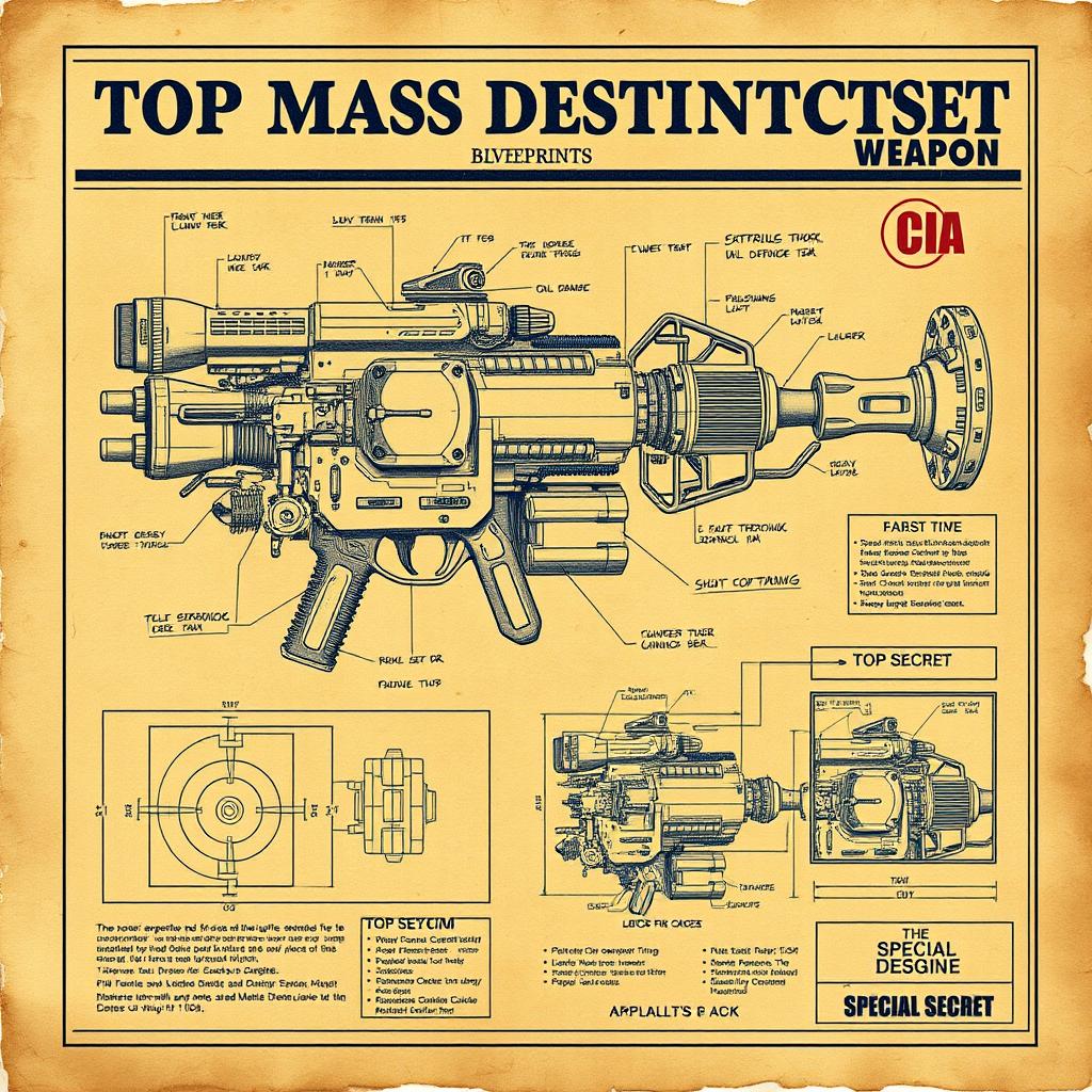 A highly detailed, realistic blueprint of a fictional mass destruction weapon designed to resemble a top-secret CIA document
