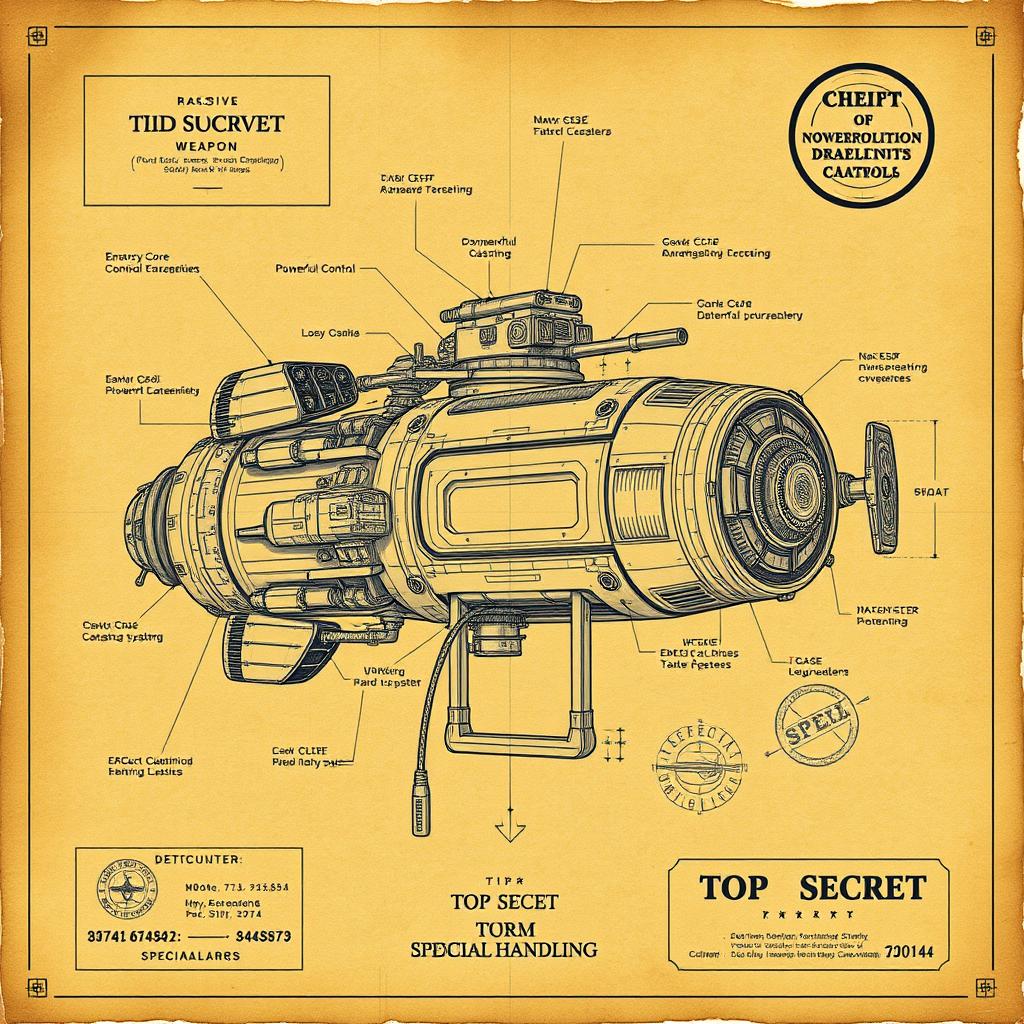 A highly detailed and realistic blueprint of a fictional mass destruction weapon, resembling a massive bomb or satellite weapon