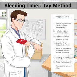 An informative and detailed illustration of a laboratory setting focused on the 'Bleeding Time: Ivy Method'