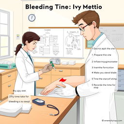 An informative and detailed illustration of a laboratory setting focused on the 'Bleeding Time: Ivy Method'