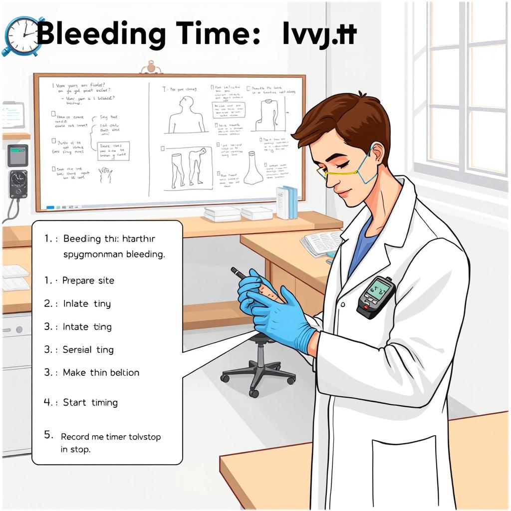 An informative and detailed illustration of a laboratory setting focused on the 'Bleeding Time: Ivy Method'