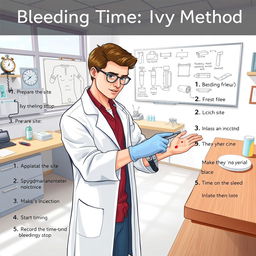 An informative and detailed illustration of a laboratory setting focused on the 'Bleeding Time: Ivy Method'