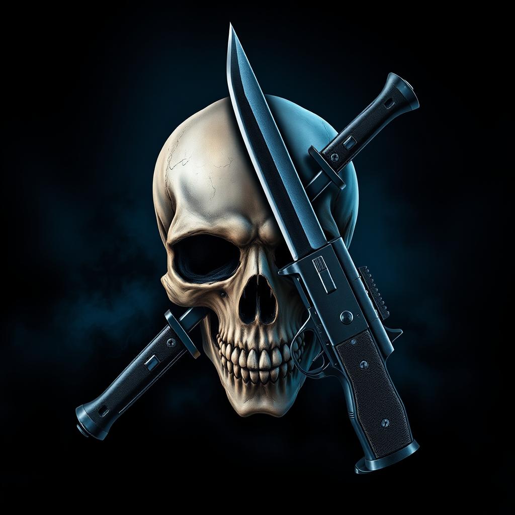 A striking and intricate artwork featuring a vividly detailed skull at the center, intertwined with a sharp, glistening knife and a sleek, modern gun