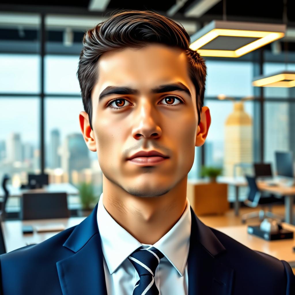 A portrait of Santiago López Buitrago, depicted as a serious and focused young professional in a modern office environment