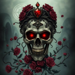 A detailed illustration of a gothic skull, intricately designed with ornate patterns and textures, surrounded by dark rose petals and thorny vines
