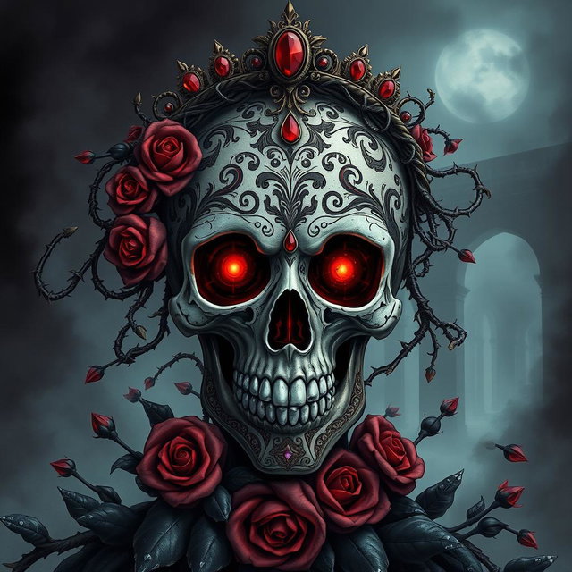 A detailed illustration of a gothic skull, intricately designed with ornate patterns and textures, surrounded by dark rose petals and thorny vines
