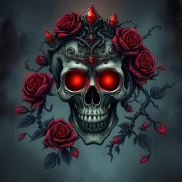 A detailed illustration of a gothic skull, intricately designed with ornate patterns and textures, surrounded by dark rose petals and thorny vines