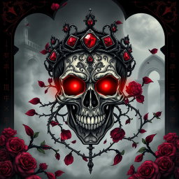 A detailed illustration of a gothic skull, intricately designed with ornate patterns and textures, surrounded by dark rose petals and thorny vines