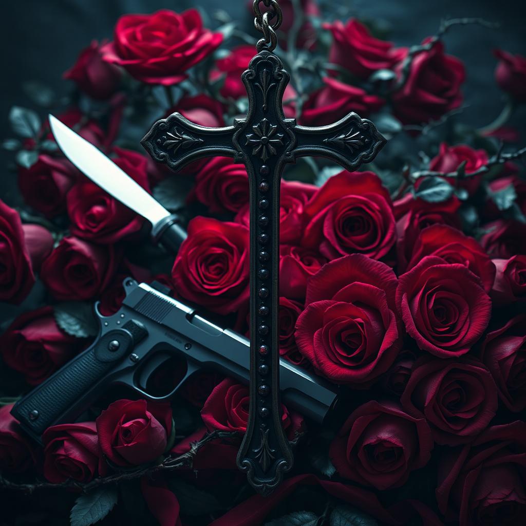 A dark romance scene featuring an upside-down cross made from intricate rosary beads, prominently displayed in the foreground
