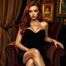 A beautifully styled portrait of a sexy redhead woman with striking green eyes, wearing a form-fitting black dress that accentuates her curves
