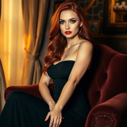 A beautifully styled portrait of a sexy redhead woman with striking green eyes, wearing a form-fitting black dress that accentuates her curves