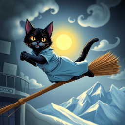 A black cat dressed in a blue nurse's uniform, soaring on the handle of a witch's broomstick