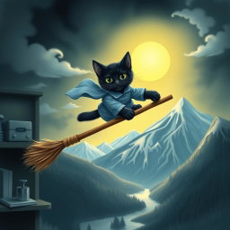 A black cat dressed in a blue nurse's uniform, soaring on the handle of a witch's broomstick