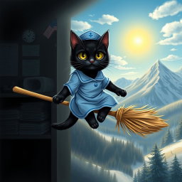 A black cat dressed in a blue nurse's uniform, soaring on the handle of a witch's broomstick