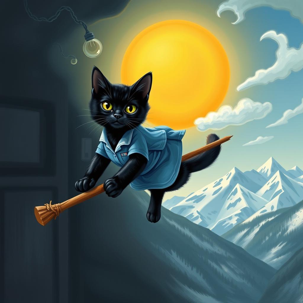 A black cat dressed in a blue nurse's uniform, soaring on the handle of a witch's broomstick