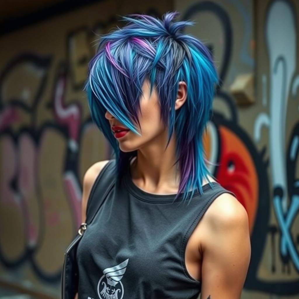 A stylish person showcasing a trendy mullet haircut, with the hair cut short on the front and sides while the back is long and flowing