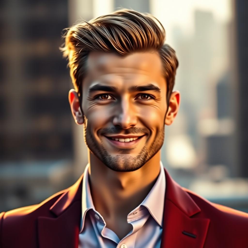 A handsome portrait of a confident man with strong facial features, styled hair, and a charming smile