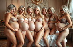 A captivating scene showcasing seven sexy blonde girls with impeccable faces and pale bodies, flaunting very generous busts and remarkably large posteriors, emphasized by huge and shapely thighs