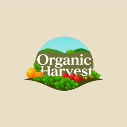 A logo design for 'Organic Harvest', featuring a vibrant farm field with rows of lush green crops, symbolizing organic farming