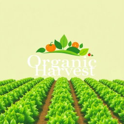 A logo design for 'Organic Harvest', featuring a vibrant farm field with rows of lush green crops, symbolizing organic farming