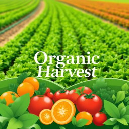 A logo design for 'Organic Harvest', featuring a vibrant farm field with rows of lush green crops, symbolizing organic farming