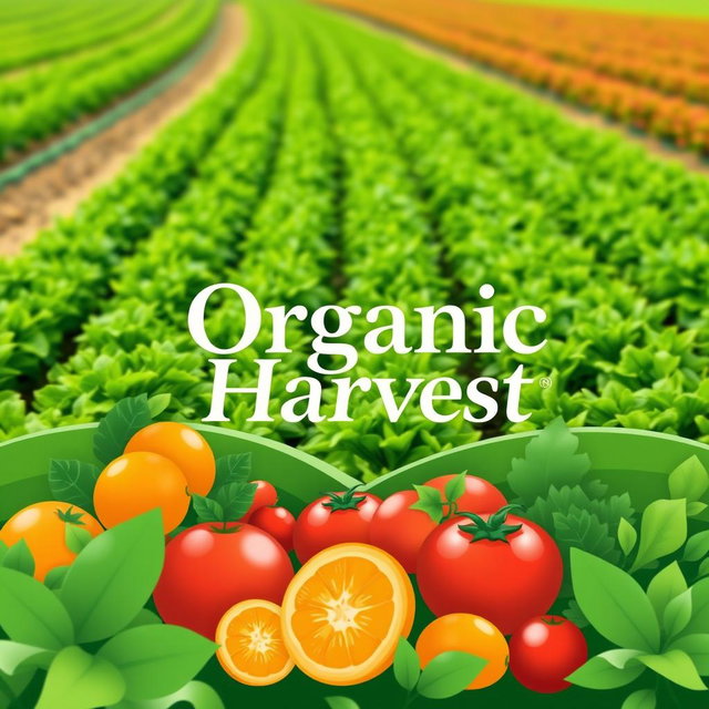 A logo design for 'Organic Harvest', featuring a vibrant farm field with rows of lush green crops, symbolizing organic farming