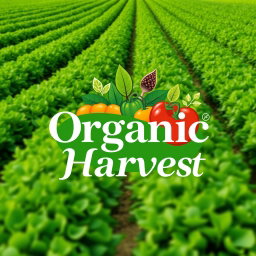 A logo design for 'Organic Harvest', featuring a vibrant farm field with rows of lush green crops, symbolizing organic farming