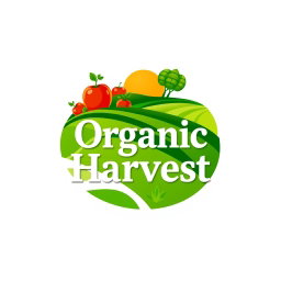 A logo design for 'Organic Harvest', showcasing a picturesque farm field with sweeping green rows of plants, symbolizing organic farming