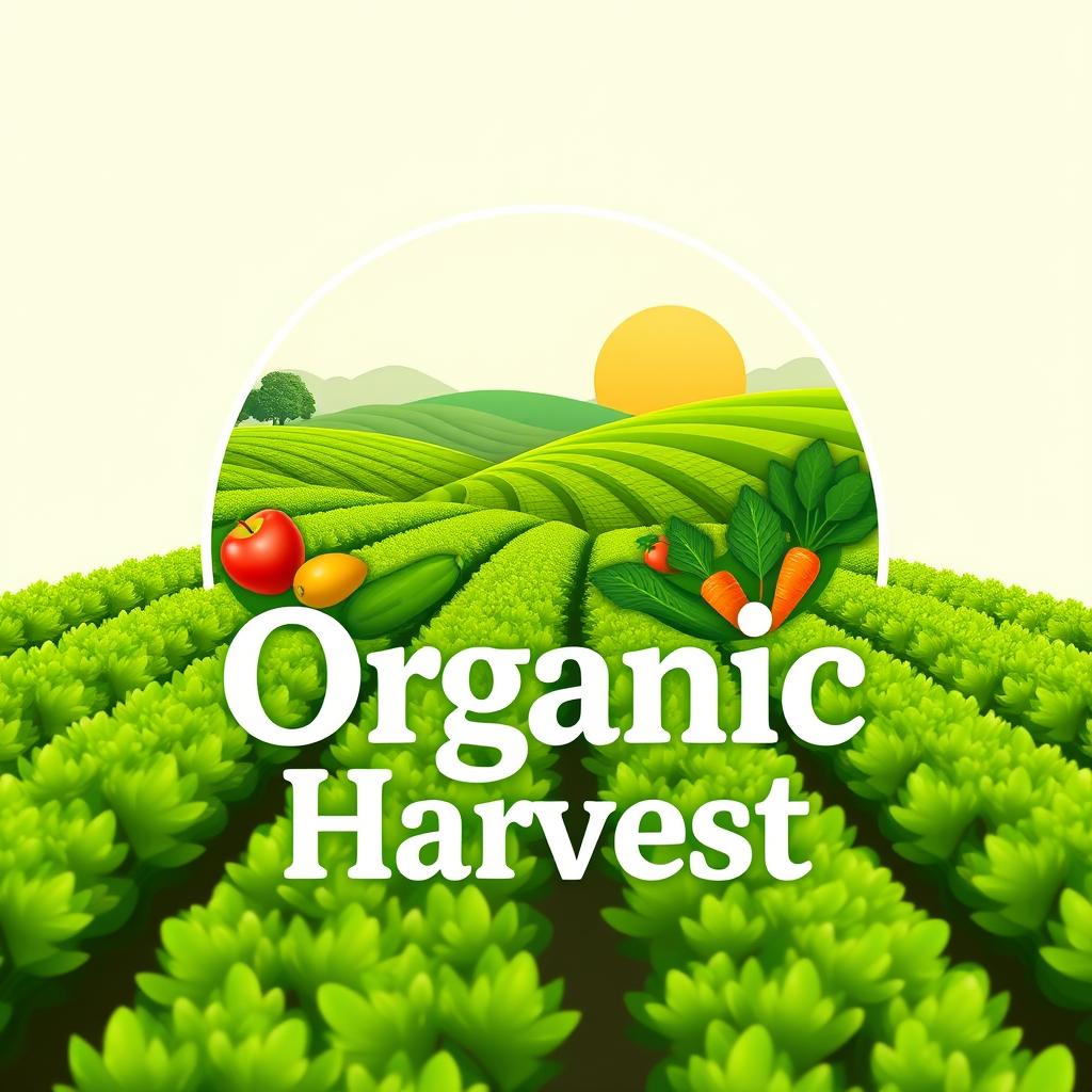 A logo design for 'Organic Harvest', showcasing a picturesque farm field with sweeping green rows of plants, symbolizing organic farming