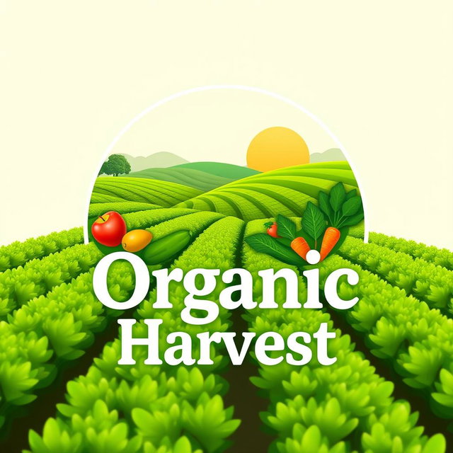 A logo design for 'Organic Harvest', showcasing a picturesque farm field with sweeping green rows of plants, symbolizing organic farming