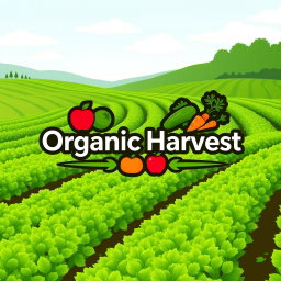 A logo design for 'Organic Harvest', showcasing a picturesque farm field with sweeping green rows of plants, symbolizing organic farming