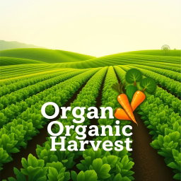 A logo design for 'Organic Harvest', showcasing a picturesque farm field with sweeping green rows of plants, symbolizing organic farming