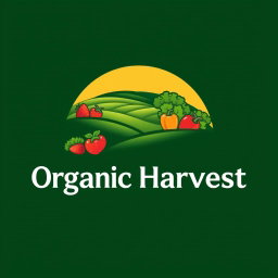 A logo design for 'Organic Harvest', prominently featuring a serene farm field with rolling hills of vibrant green crops, symbolizing organic farming